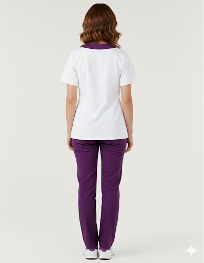 Blouse médicale femme col V-zipper blanc + parement couleurs au choix