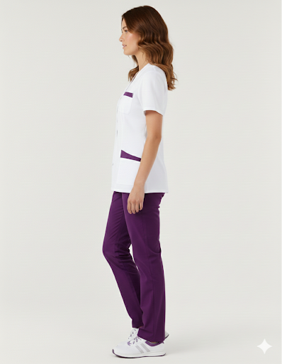 Blouse médicale femme col V-zipper blanc + parement couleurs au choix