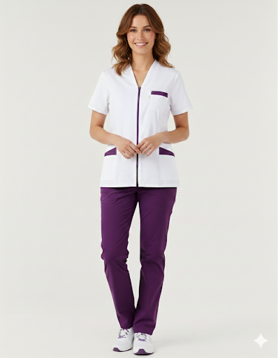 Blouse médicale femme col V-zipper blanc + parement couleurs au choix